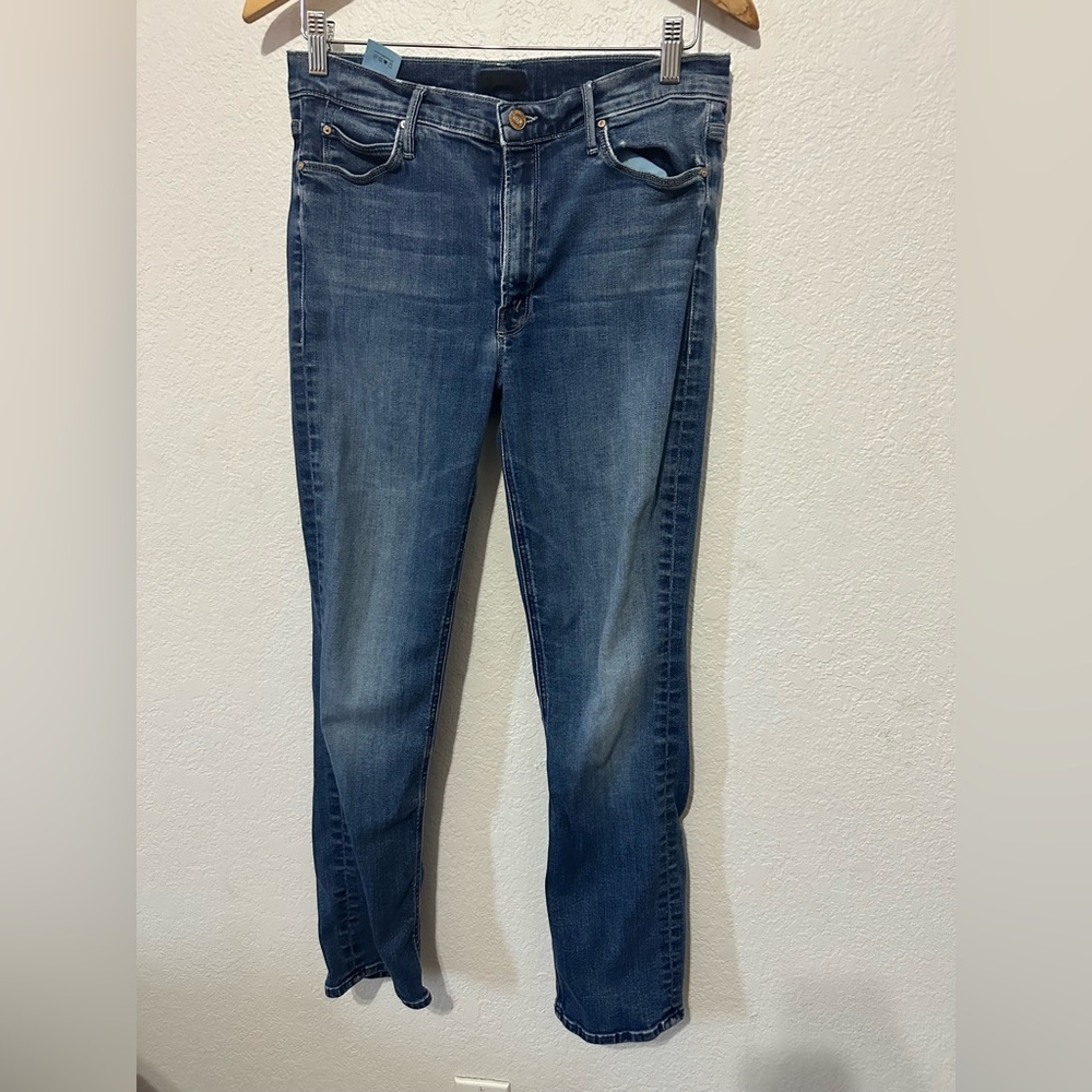 Mother The Dazzler Mid Rise Ankle Straight Jeans in On The Edge Blue Wash - 31